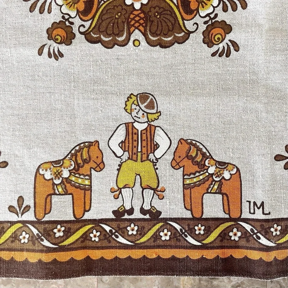 Vintage Scandinavian Folk Art Table Runner Dala Horse Rosemaling‎ Swedish Linen